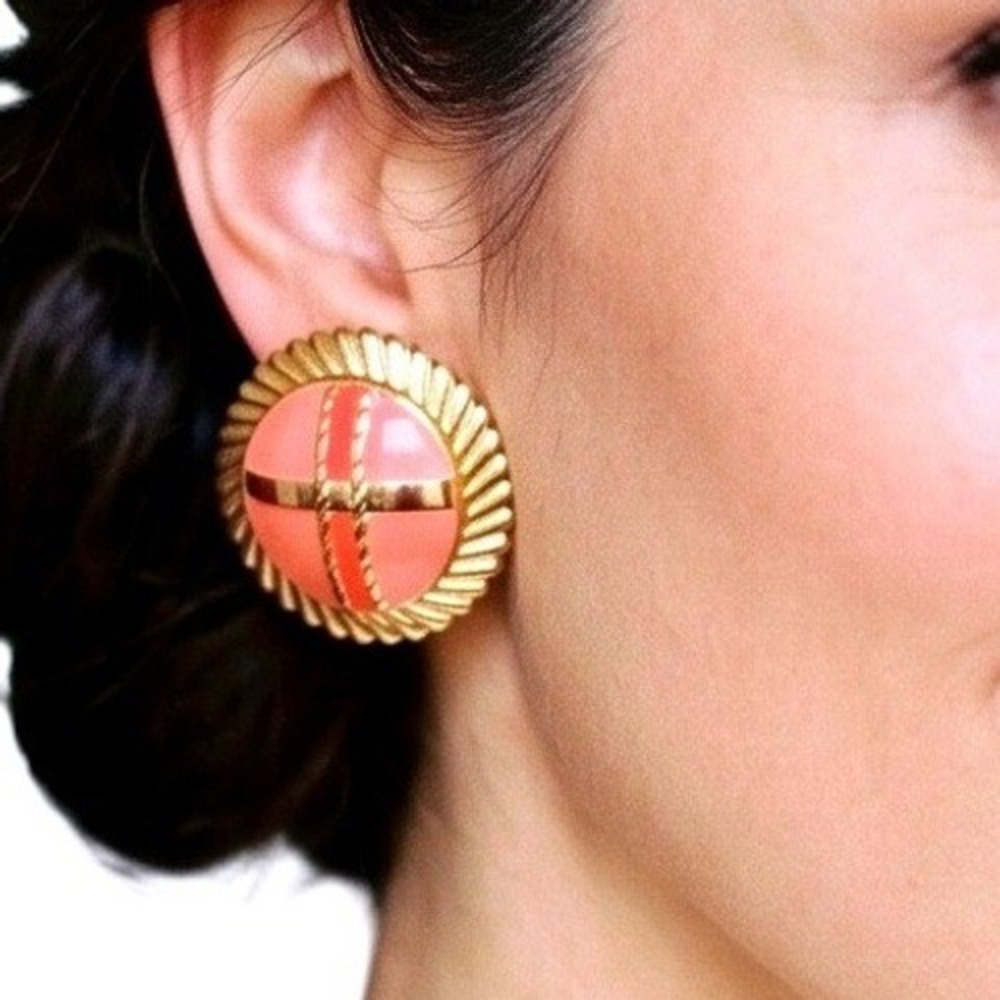 Vintage Made in England Enamel Clip On Earrings Pink Coral Red Gold Tone Button